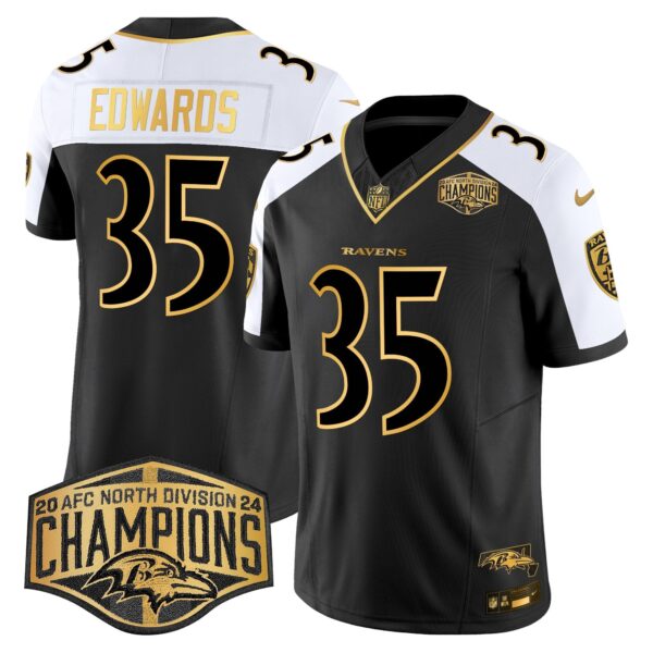 Ravens Maryland Flag Map 2024 AFC North Division Champions Patch Gold Vapor Limited Jersey – All Stitched – Alternate – Gus Edwards Jersey