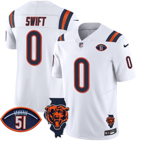 Bears Illinois Patch Vapor Limited Jersey V2 – All Stitched – White – D’Andre Swift Jersey