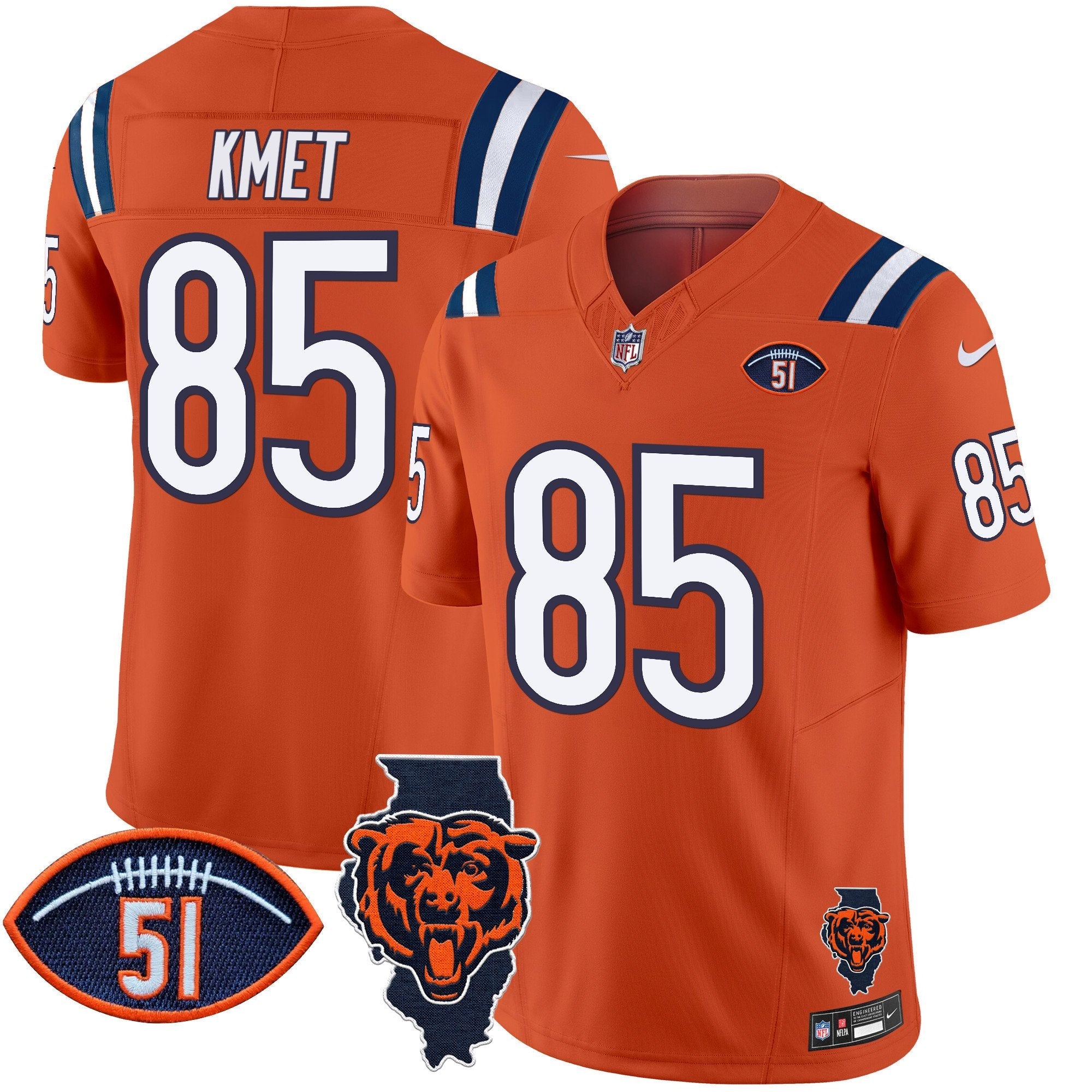 Bears Illinois Patch Vapor Limited Jersey V2 – All Stitched – Orange – Cole Kmet Jersey