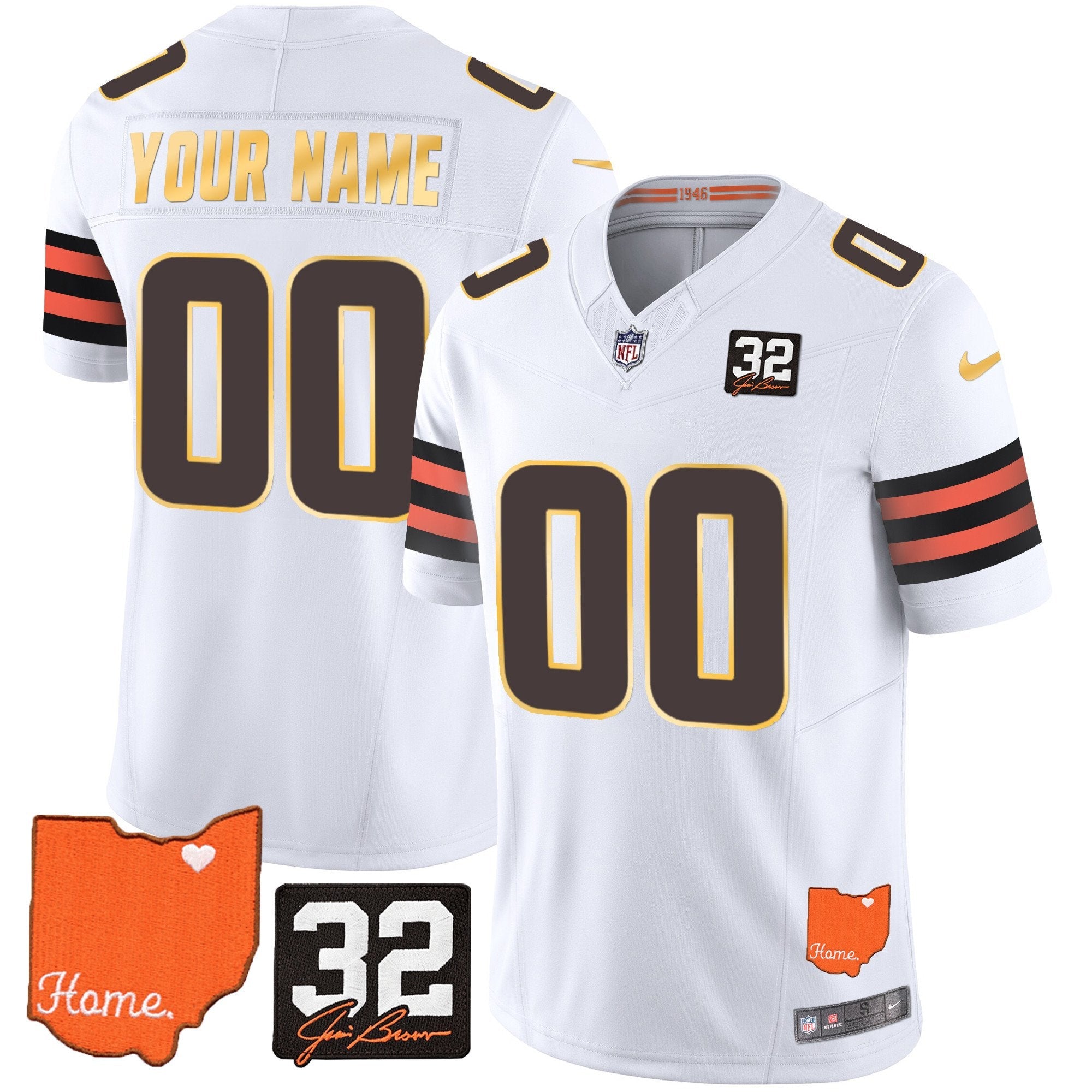 Browns #32 Jim Brown Memorial & Home Patch Gold Trim Custom Jersey – All Stitched – White Jersey