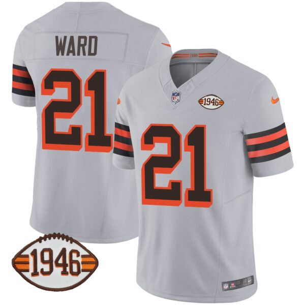 Browns 1946 75th Anniversary Patch Jersey – All Stitched – Gray – Denzel Ward Jersey