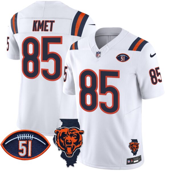 Bears Illinois Patch Vapor Limited Jersey V2 – All Stitched – White – Cole Kmet Jersey