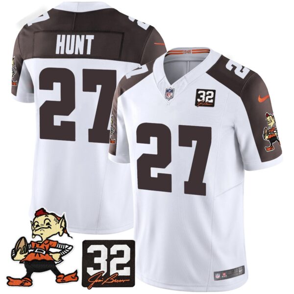 Browns #32 Jim Brown Memorial Patch Vapor Limited Jersey V2 – All Stitched – Inverted – Kareem Hunt Jersey