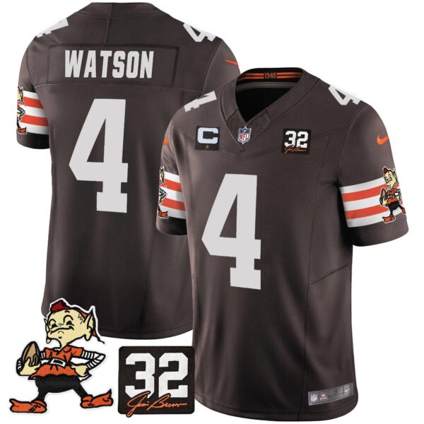 Browns #32 Jim Brown Memorial Patch Vapor Limited Jersey V2 – All Stitched – Brown – Deshaun Watson Jersey