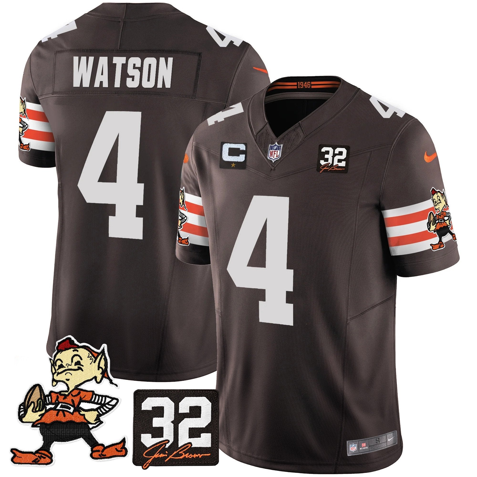 Browns #32 Jim Brown Memorial Patch Vapor Limited Jersey V2 – All Stitched – Brown – Deshaun Watson Jersey