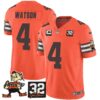 Browns #32 Jim Brown Memorial Patch Vapor Limited Jersey V2 – All Stitched – Orange – Deshaun Watson Jersey