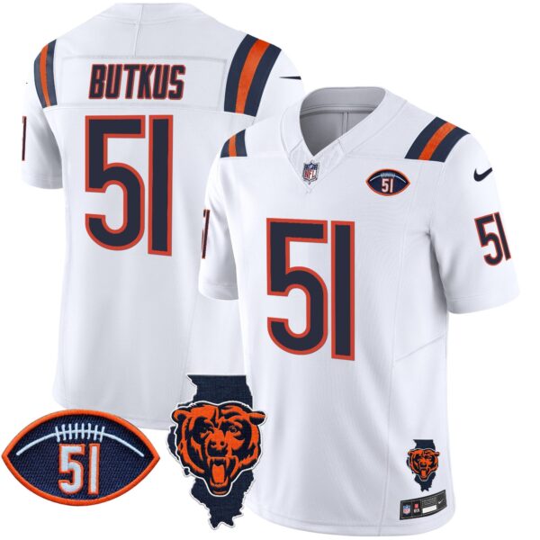 Bears Illinois Patch Vapor Limited Jersey V2 – All Stitched – White – Dick Butkus Jersey