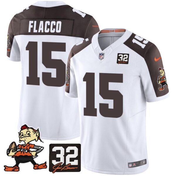 Browns #32 Jim Brown Memorial Patch Vapor Limited Jersey V2 – All Stitched – Inverted – Joe Flacco Jersey