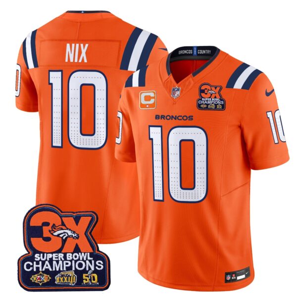 Denver Broncos 3-Time Champions Patch Vapor Limited Jersey V2 – All Stitched – Orange – Bo Nix Jersey