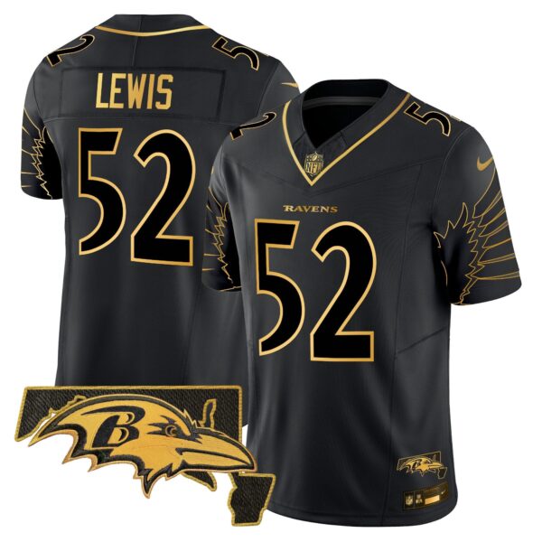 Ravens Maryland Patch Gold Vapor Limited Jersey V2 – All Stitched – Black Gold – Ray Lewis Jersey