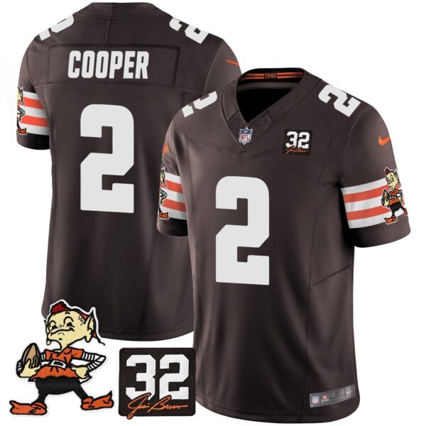 Browns #32 Jim Brown Memorial Patch Vapor Limited Jersey V2 – All Stitched – Brown – Amari Cooper Jersey