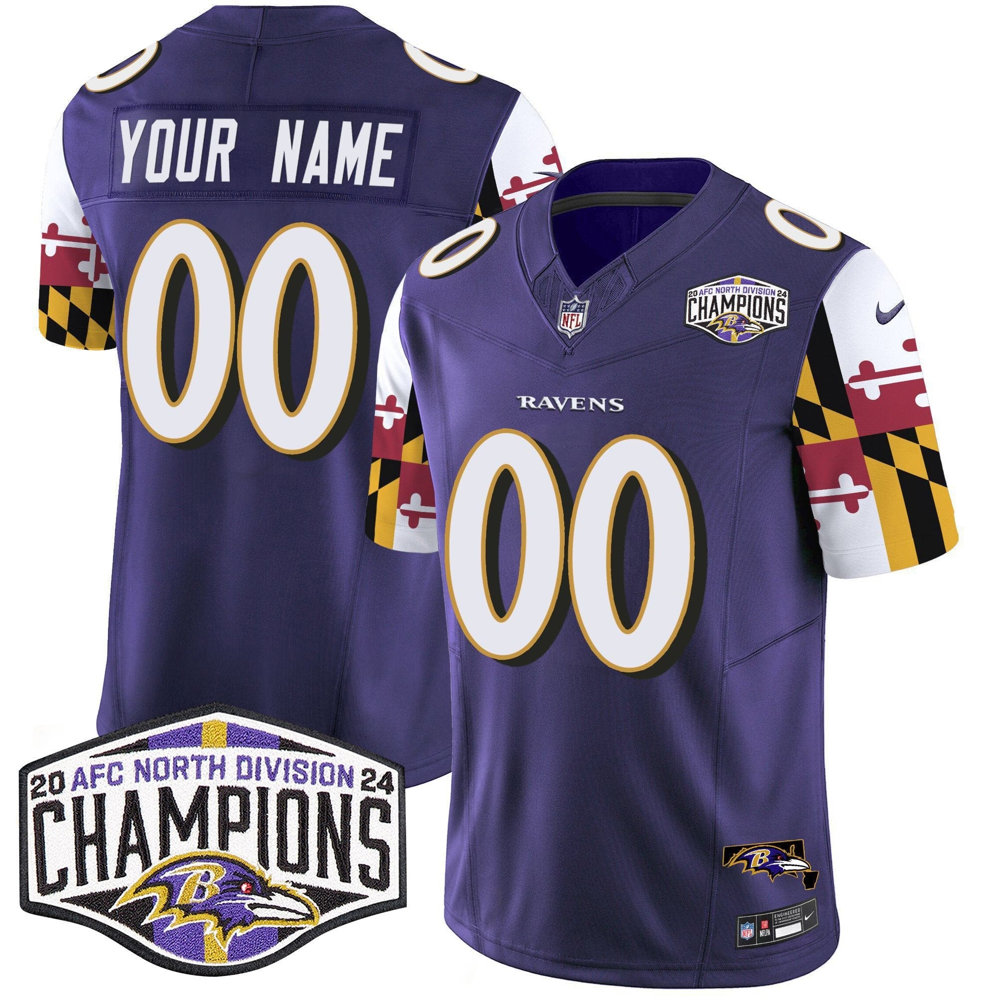 Ravens Maryland Flag 2024 AFC North Division Champions Patch Vapor Limited Custom Jersey – All Stitched – Purple Jersey