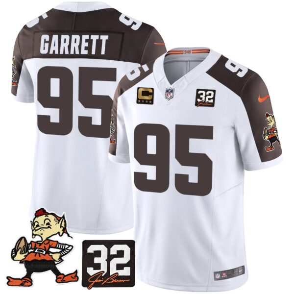 Browns #32 Jim Brown Memorial Patch Vapor Limited Jersey V2 – All Stitched – Inverted – Myles Garrett Jersey