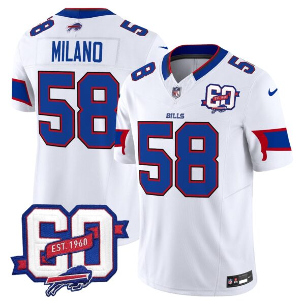Bills 60th Anniversary Patch Vapor Limited Jersey – All Stitched – White – Matt Milano Jersey