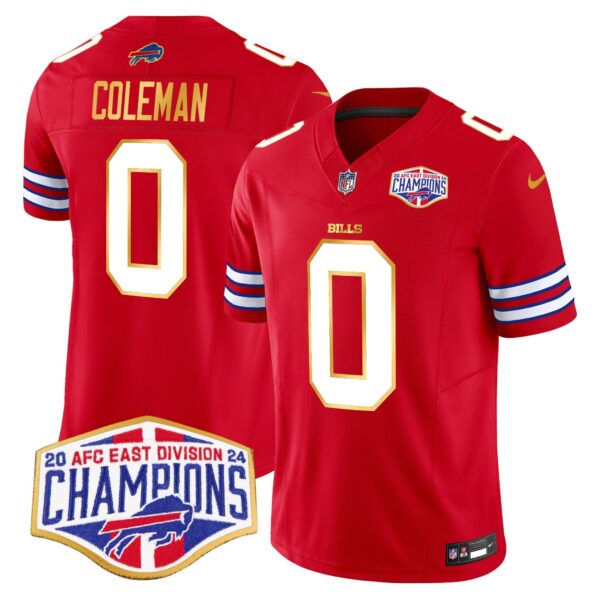 Bills 2024 AFC East Division Champions Gold Trim Vapor Limited Jersey – All Stitched – Red – Keon Coleman Jersey