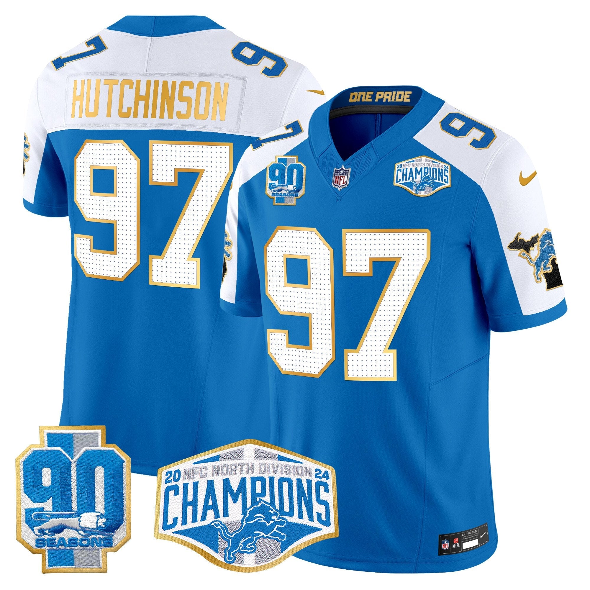 Detroit Lions 2024 NFC North Division Champions Patch Gold Trim Vapor Limited Jersey – All Stitched – Blue Alternate – Hutchinson Jersey