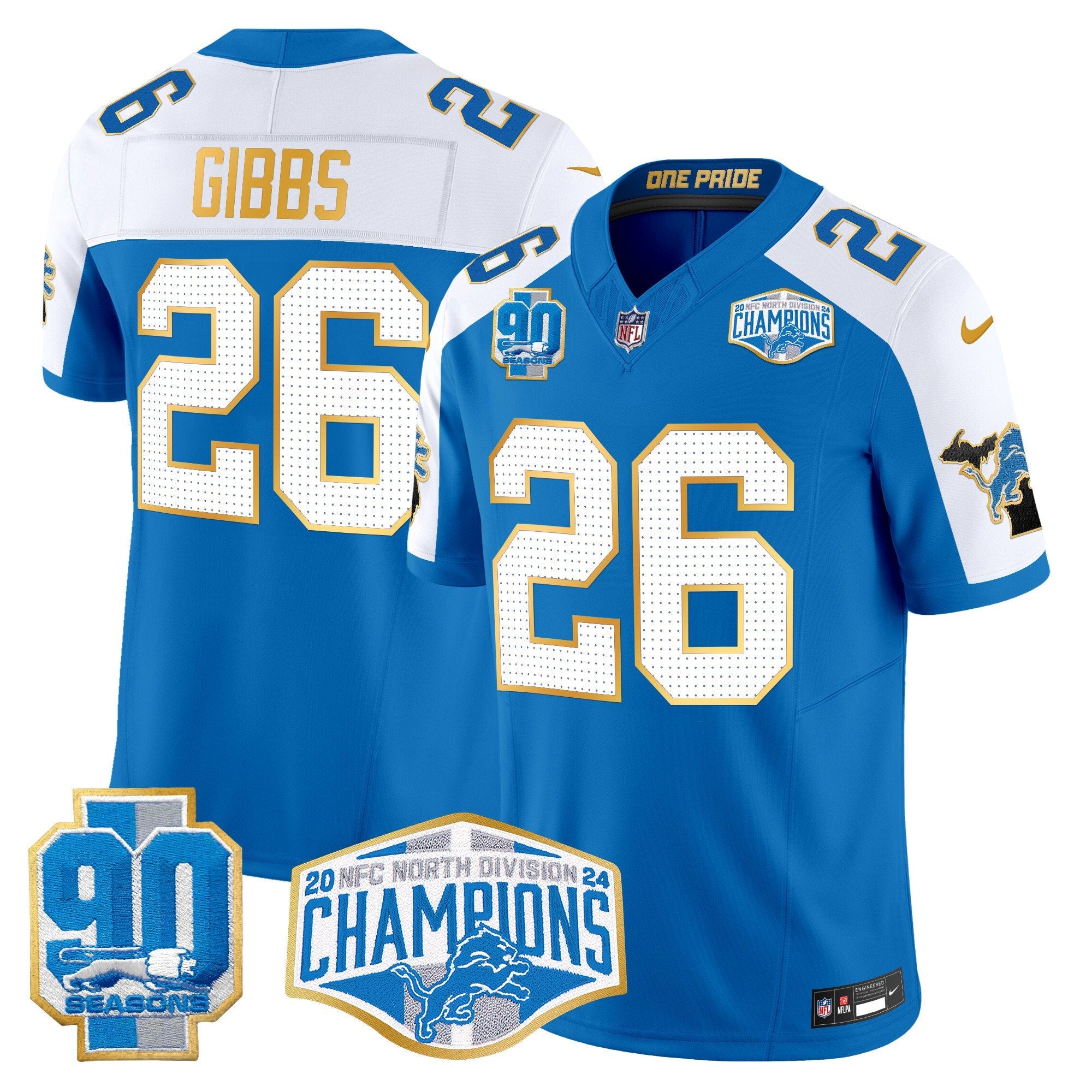 Detroit Lions 2024 NFC North Division Champions Patch Gold Trim Vapor Limited Jersey – All Stitched – Blue Alternate – Jahmyr Gibbs Jersey