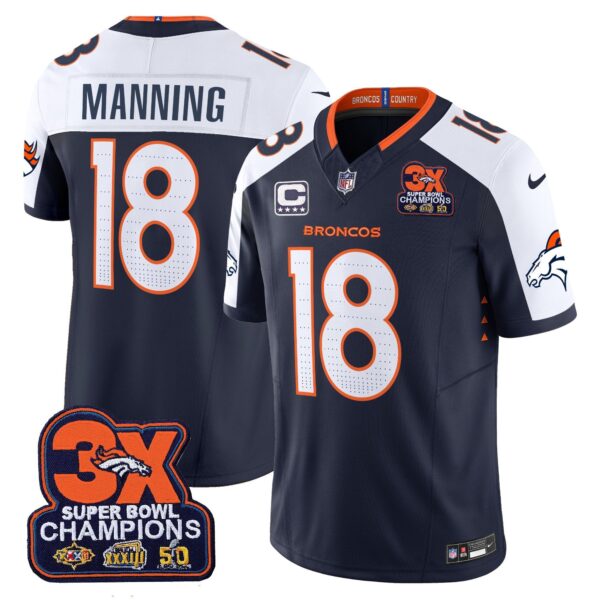 Denver Broncos 3-Time Champions Patch Vapor Limited Jersey – All Stitched – Navy Alternate – Peyton Manning Jersey