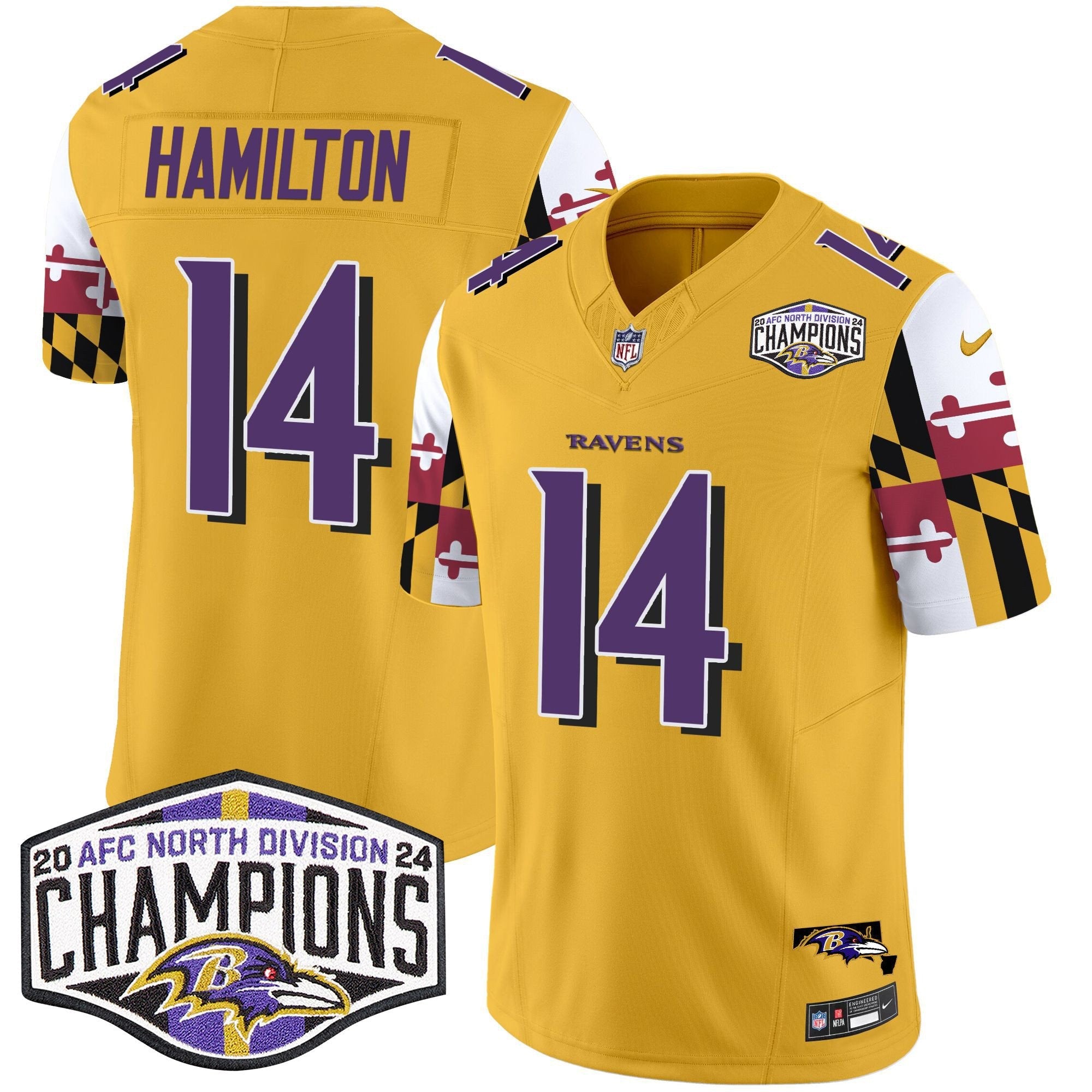 Ravens Maryland Flag 2024 AFC North Division Champions Patch Vapor Limited Jersey – All Stitched – Gold – Kyle Hamilton Jersey
