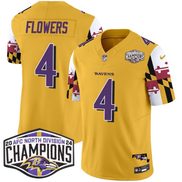 Ravens Maryland Flag 2024 AFC North Division Champions Patch Vapor Limited Jersey – All Stitched – Gold – Zay Flowers Jersey
