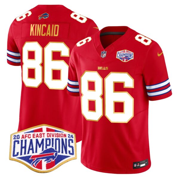 Bills 2024 AFC East Division Champions Gold Trim Vapor Limited Jersey – All Stitched – Red – Dalton Kincaid Jersey