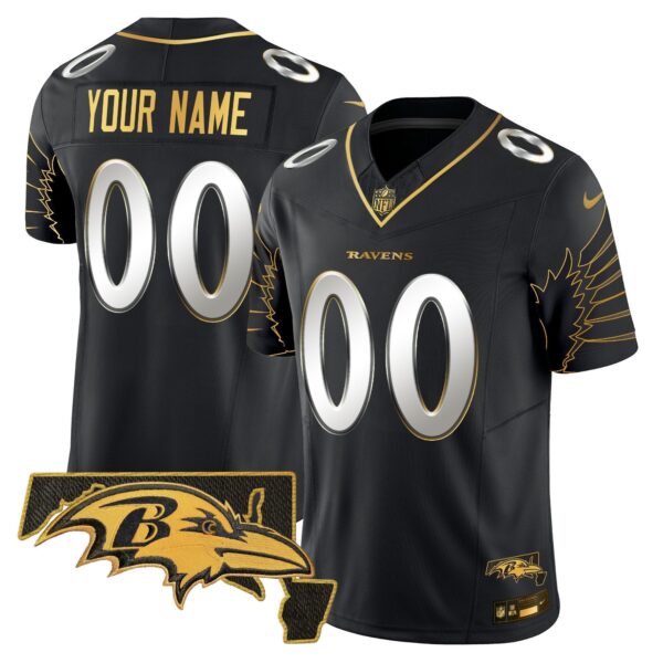 Ravens Maryland Patch Gold Vapor Limited Custom Jersey V2 – All Stitched – Black Limited Jersey