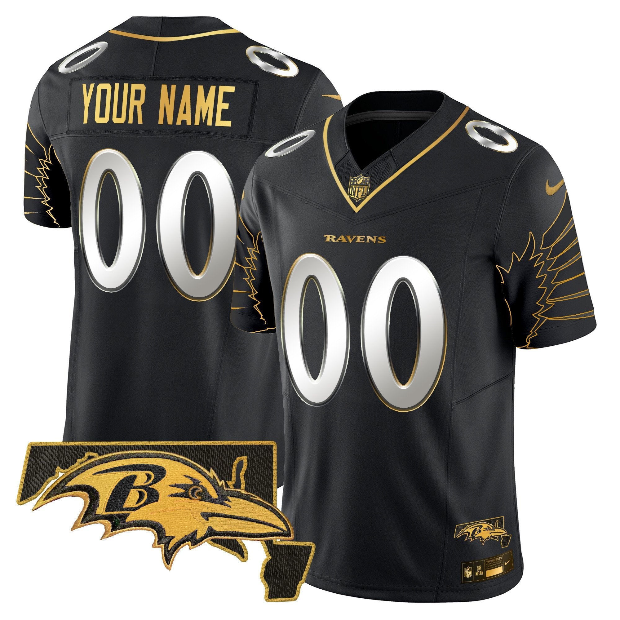 Ravens Maryland Patch Gold Vapor Limited Custom Jersey V2 – All Stitched – Black Limited Jersey