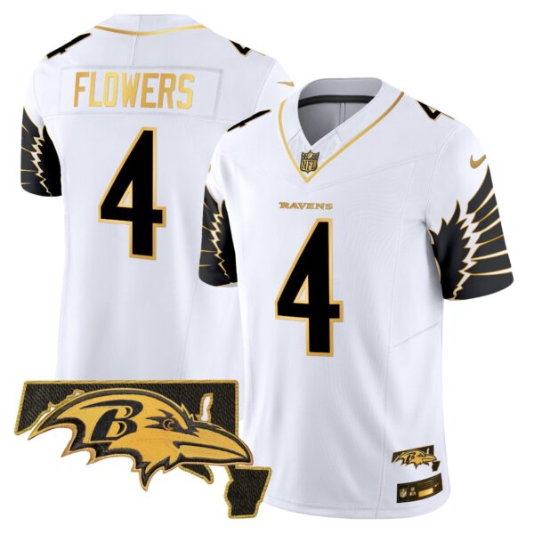 Ravens Maryland Patch Gold Vapor Limited Jersey V2 – All Stitched – White Gold – Zay Flowers Jersey