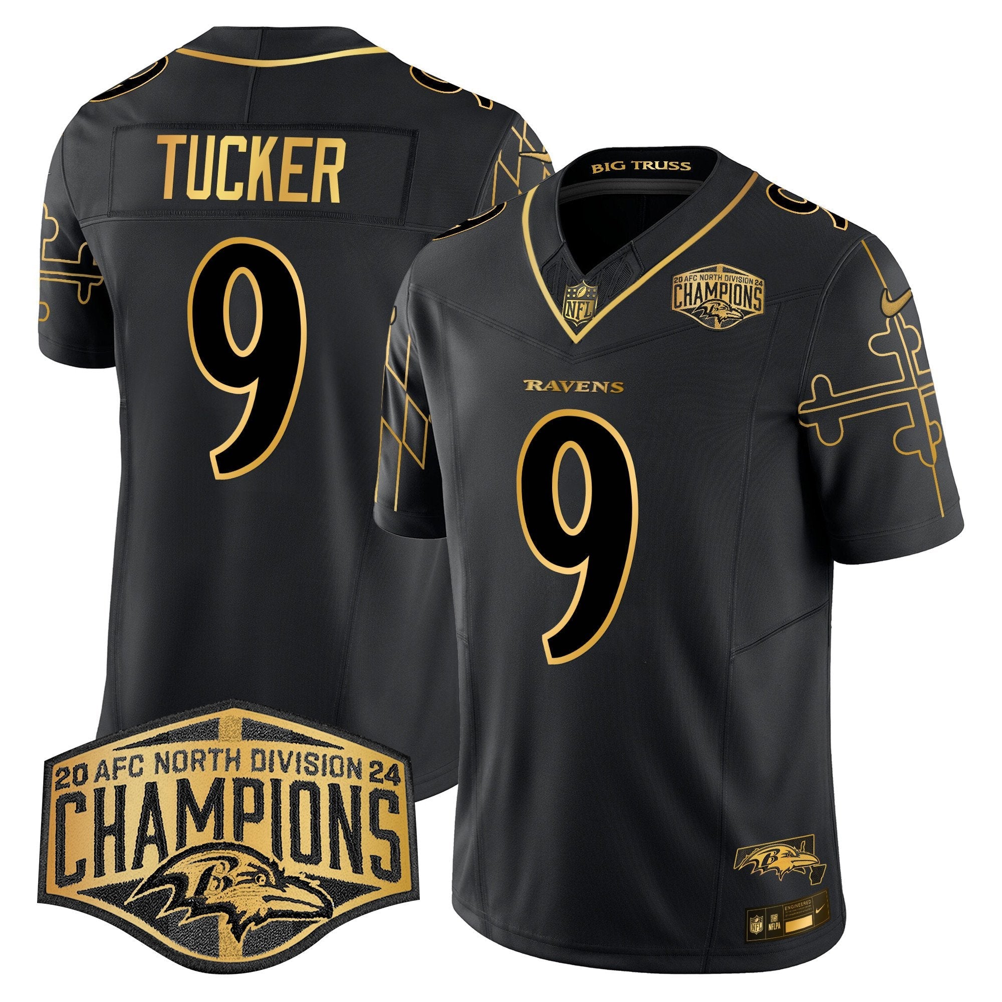 Ravens Maryland Flag Map 2024 AFC North Division Champions Patch Gold Vapor Limited Jersey – All Stitched – Black Gold – Justin Tucker Jersey