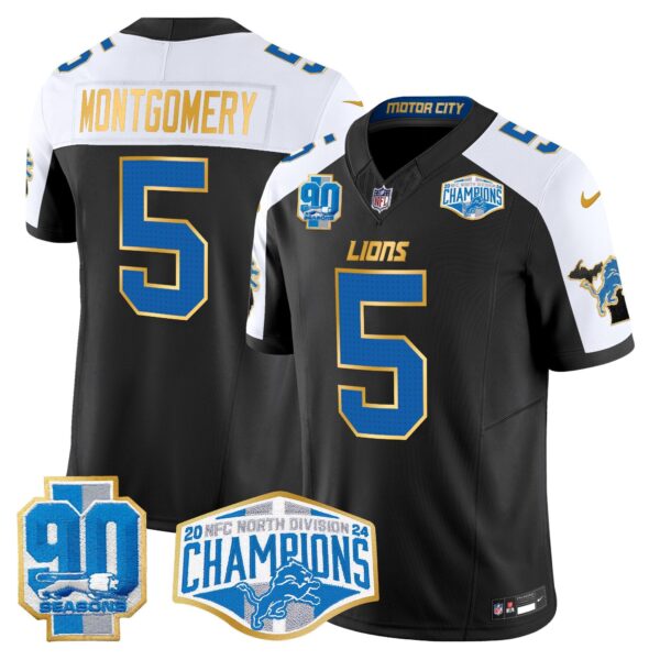 Detroit Lions 2024 NFC North Division Champions Patch Gold Trim Vapor Limited Jersey – All Stitched – Black Alternate – David Montgomery Jersey