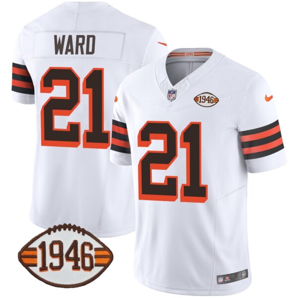 Browns 1946 75th Anniversary Patch Jersey – All Stitched – 1946 White – Denzel Ward Jersey