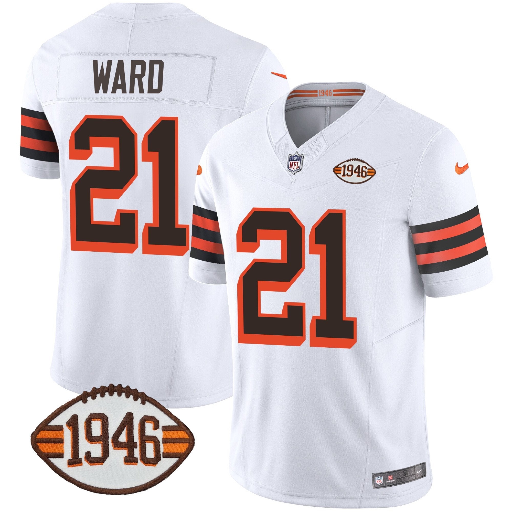 Browns 1946 75th Anniversary Patch Jersey – All Stitched – 1946 White – Denzel Ward Jersey