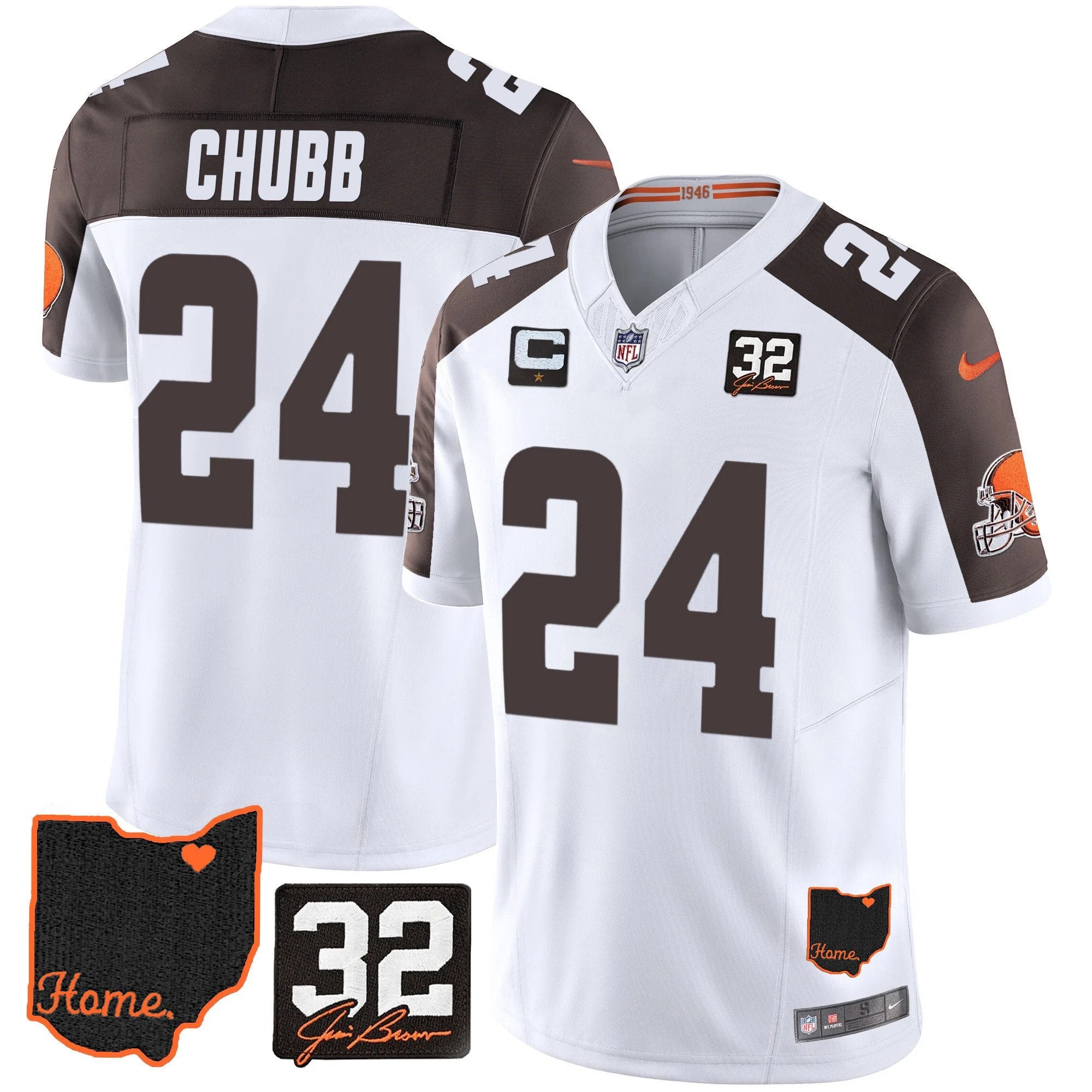 Browns #32 Jim Brown Memorial & Home Patch Jersey V3 – All Stitched – Inverted – Nick Chubb Jersey