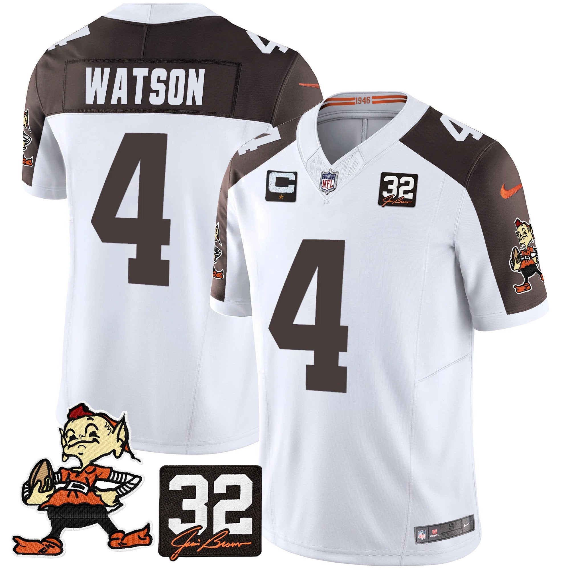 Browns #32 Jim Brown Memorial Patch Vapor Limited Jersey V2 – All Stitched – Inverted – Deshaun Watson Jersey