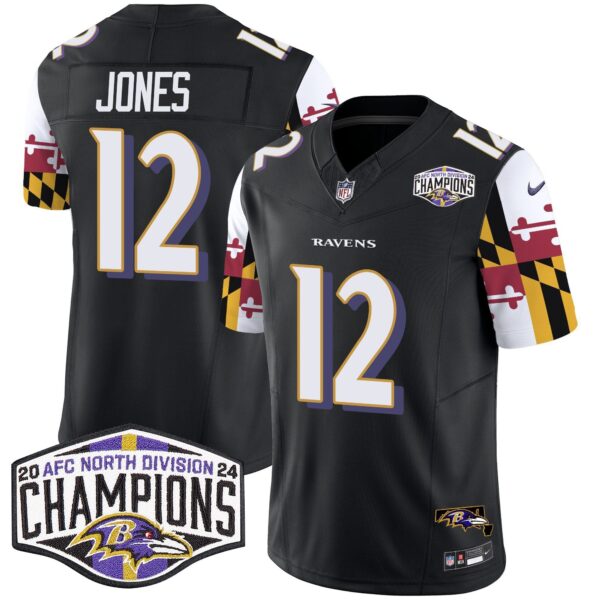 Ravens Maryland Flag 2024 AFC North Division Champions Patch Vapor Limited Jersey – All Stitched – Black – Jacoby Jones Jersey