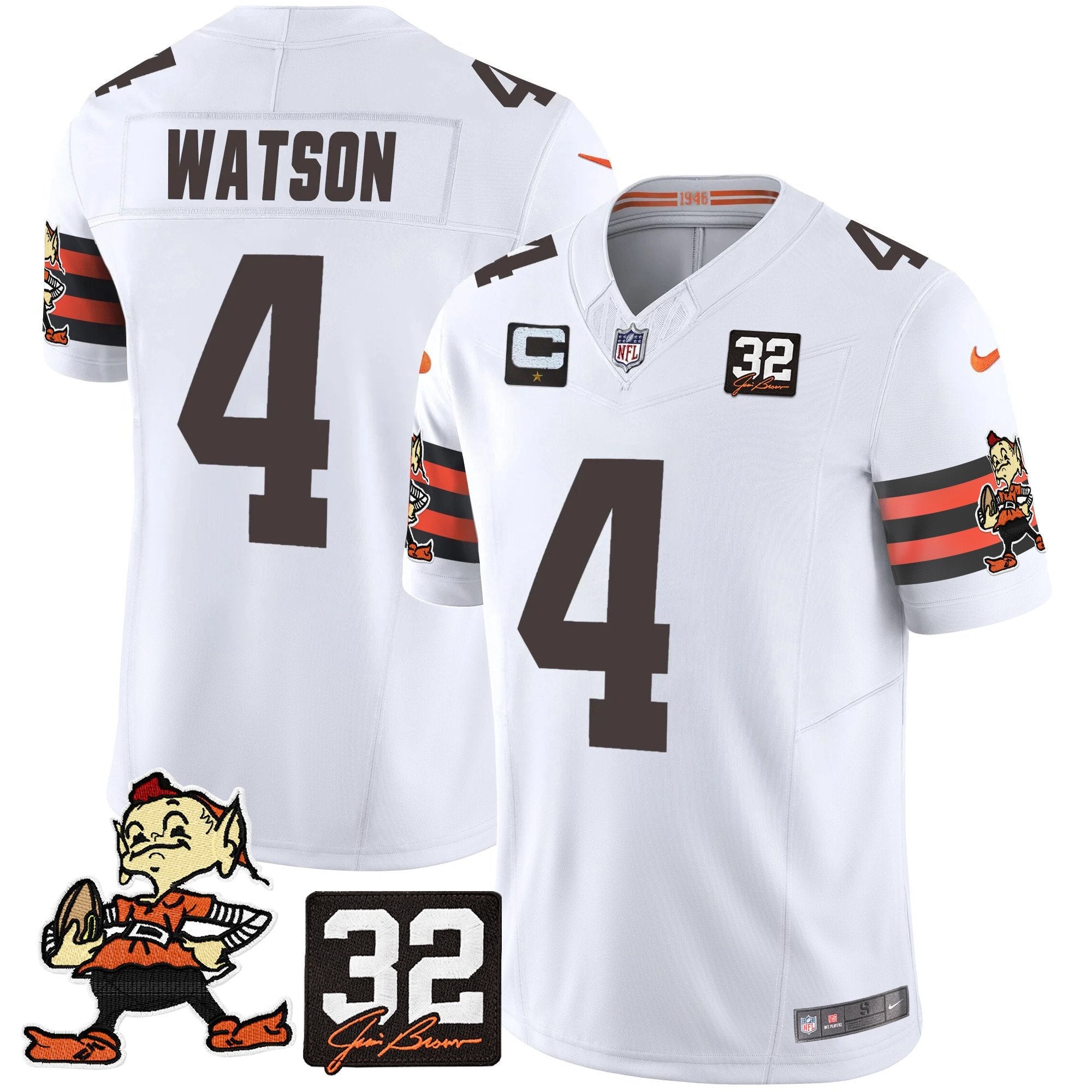Browns #32 Jim Brown Memorial Patch Vapor Limited Jersey V2 – All Stitched – White – Deshaun Watson Jersey