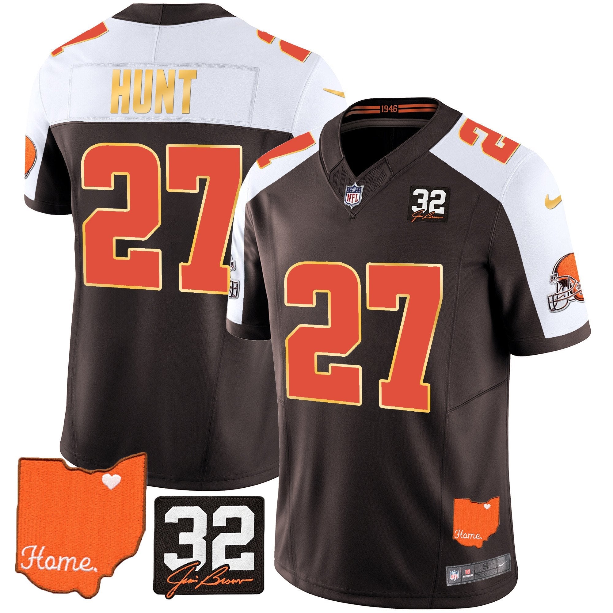Browns #32 Jim Brown Memorial & Home Patch Gold Trim Jersey – All Stitched – Alternate – Kareem Hunt Jersey