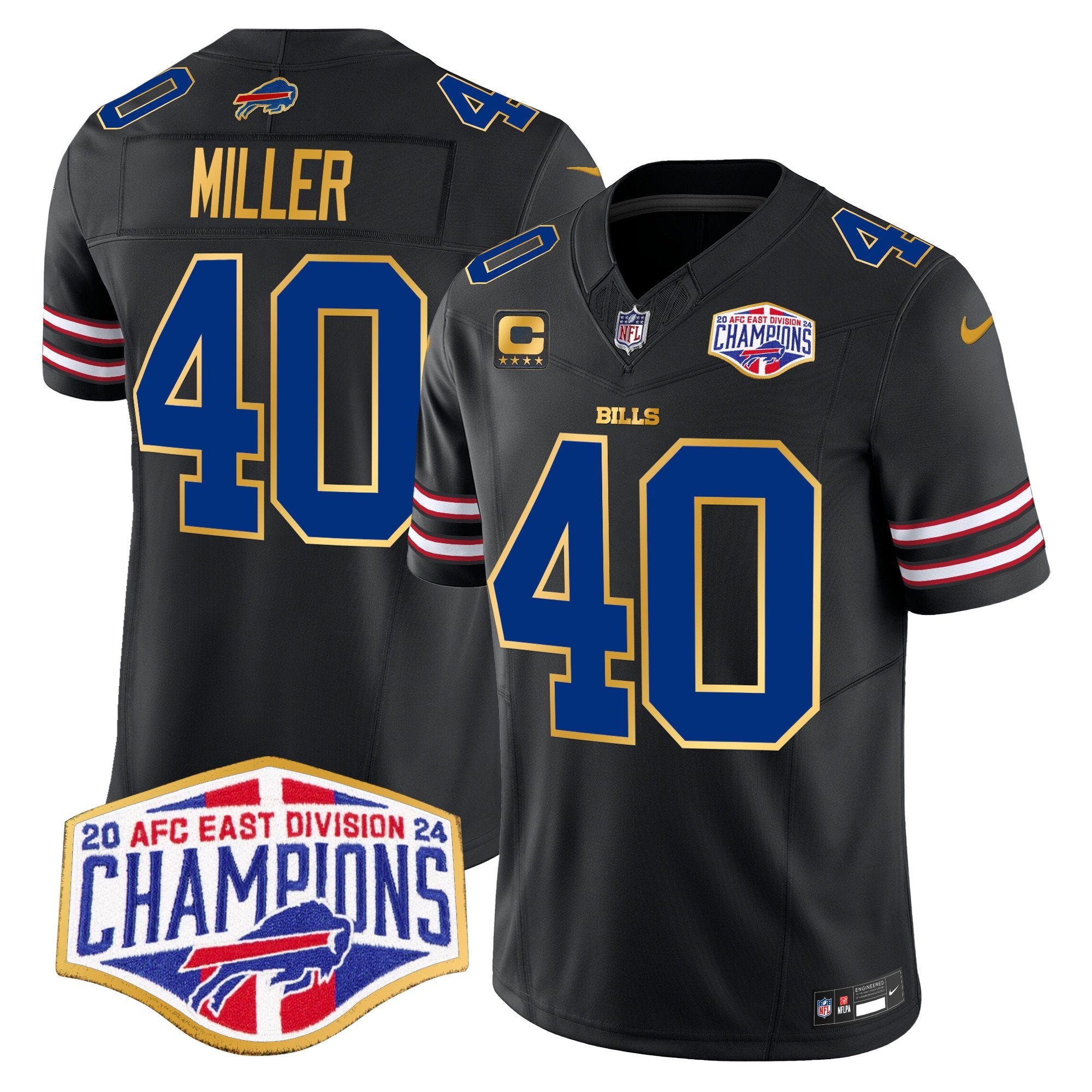 Bills 2024 AFC East Division Champions Gold Trim Vapor Limited Jersey – All Stitched – Black – Von Miller Jersey