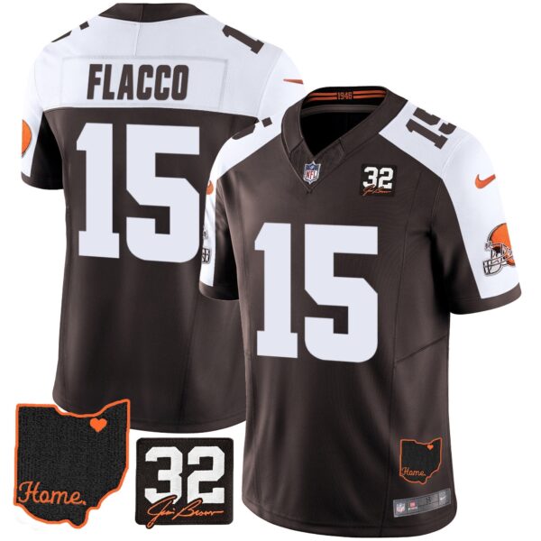 Browns #32 Jim Brown Memorial & Home Patch Jersey V3 – All Stitched – Alternate – Joe Flacco Jersey