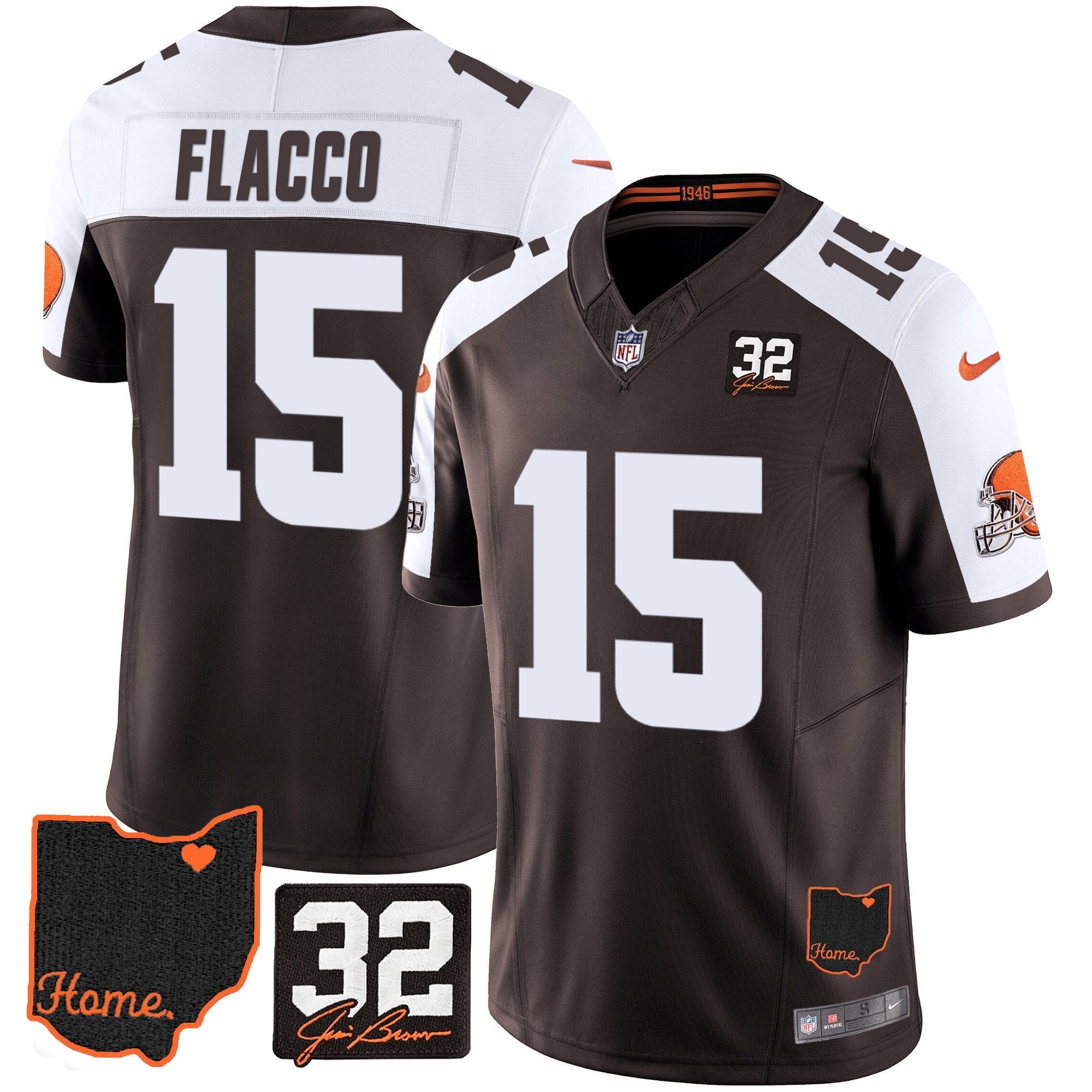 Browns #32 Jim Brown Memorial & Home Patch Jersey V3 – All Stitched – Alternate – Joe Flacco Jersey