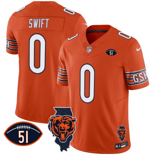 Bears Illinois Patch Vapor Jersey – All Stitched – Orange – D’Andre Swift Jersey