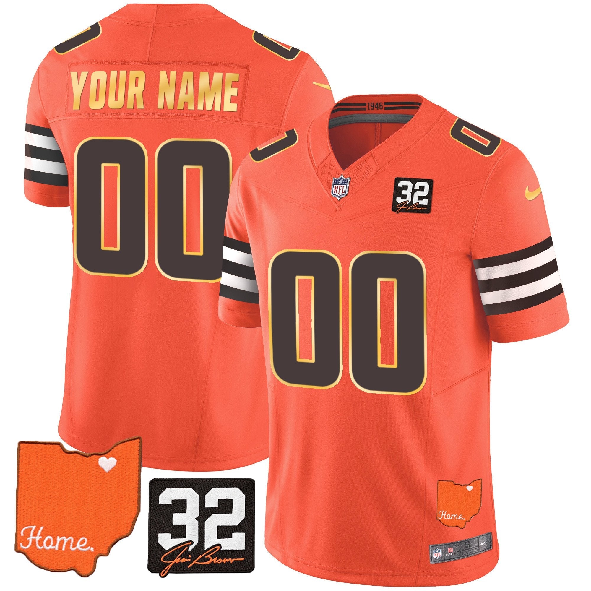 Browns #32 Jim Brown Memorial & Home Patch Gold Trim Custom Jersey – All Stitched – Orange Jersey