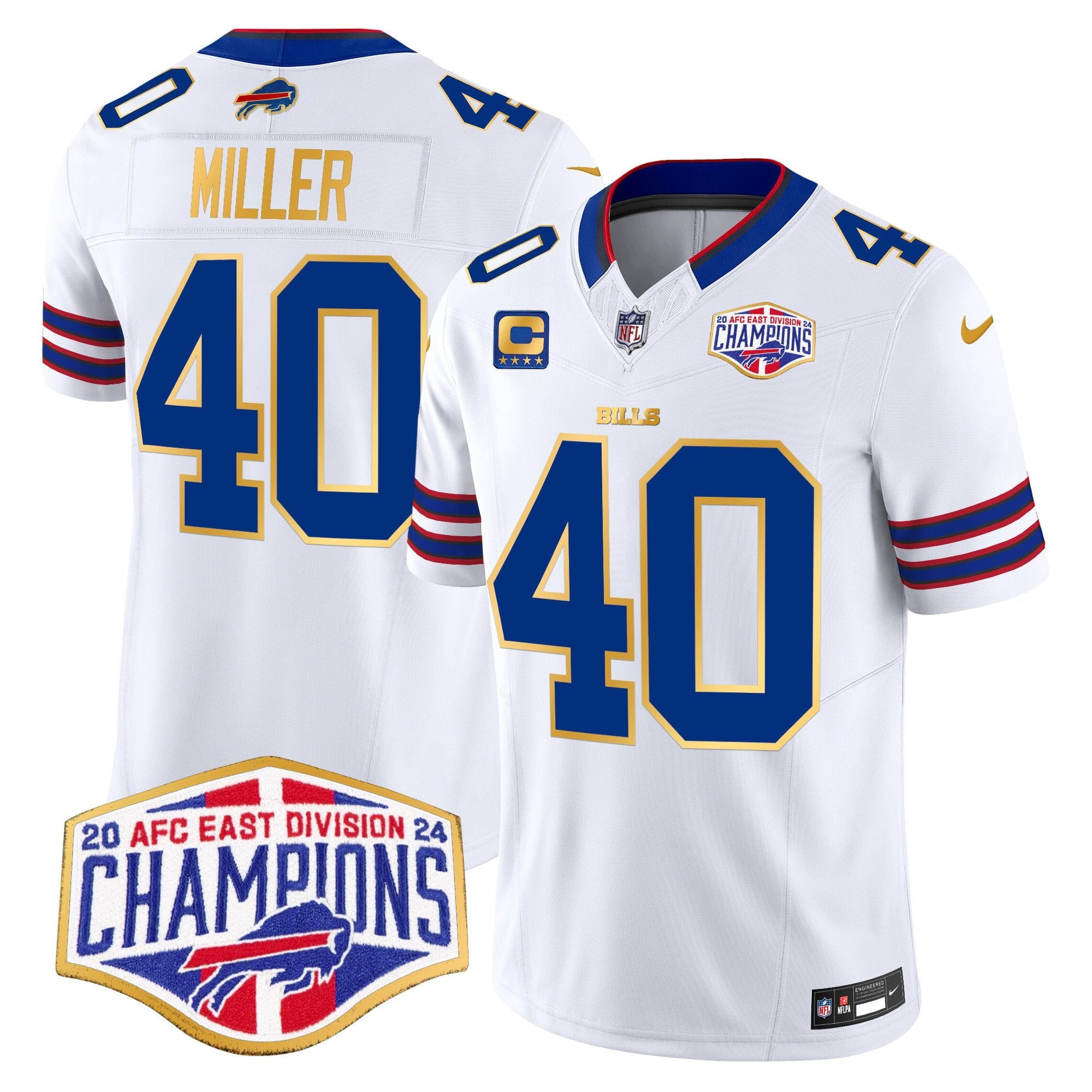 Bills 2024 AFC East Division Champions Gold Trim Vapor Limited Jersey – All Stitched – White – Von Miller Jersey