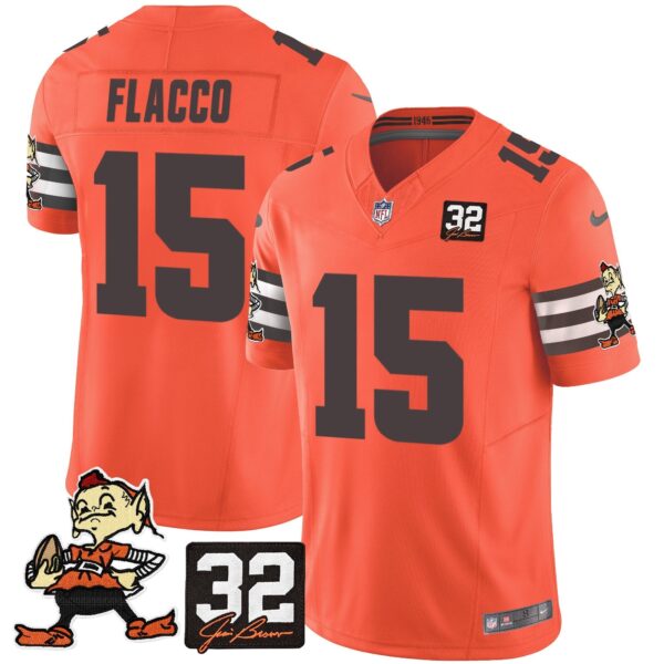 Browns #32 Jim Brown Memorial Patch Vapor Limited Jersey V2 – All Stitched – Orange – Joe Flacco Jersey