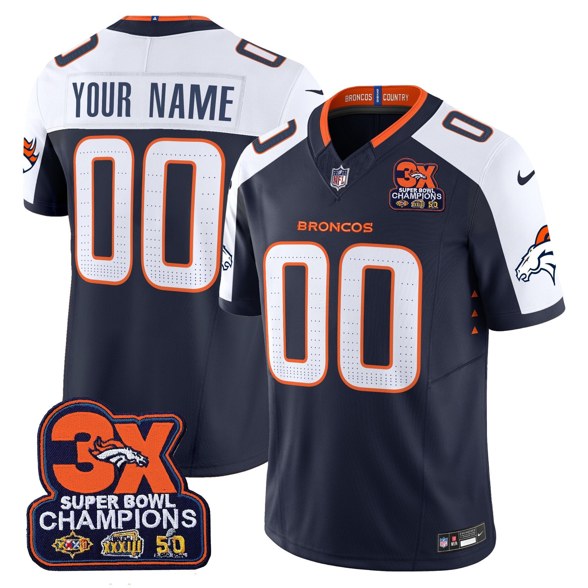 Denver Broncos 3-Time Champions Patch Vapor Limited Custom Jersey – All Stitched – Navy Alternate Jersey