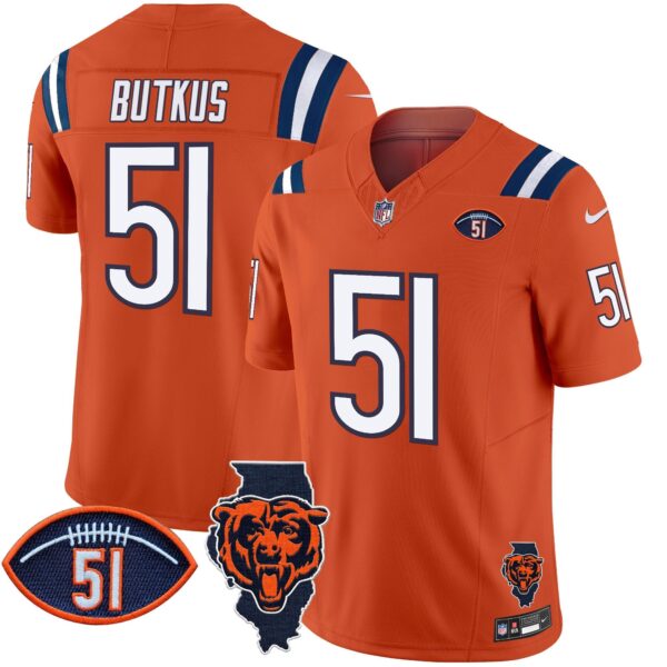 Bears Illinois Patch Vapor Limited Jersey V2 – All Stitched – Orange – Dick Butkus Jersey