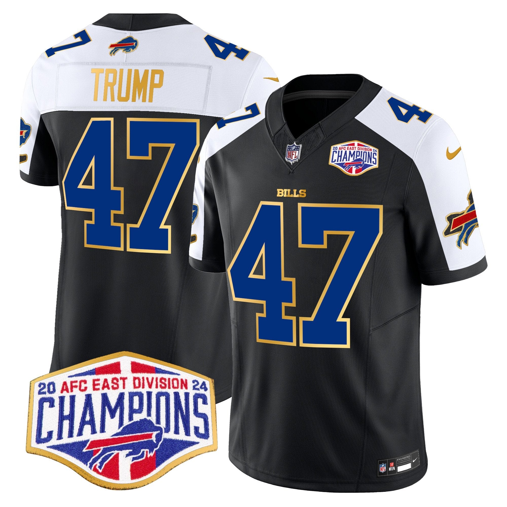 Bills 2024 AFC East Division Champions Gold Trim Vapor Limited Jersey – All Stitched – Black Alternate – Donald Trump Jersey