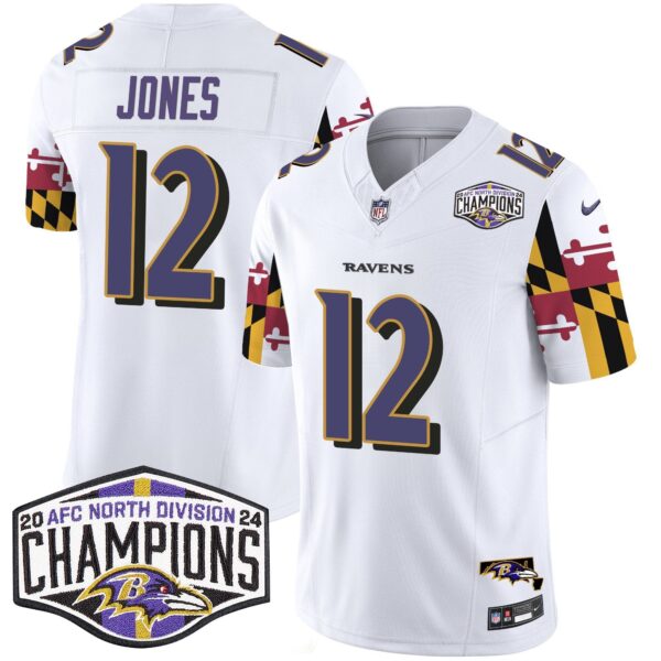 Ravens Maryland Flag 2024 AFC North Division Champions Patch Vapor Limited Jersey – All Stitched – White – Jacoby Jones Jersey