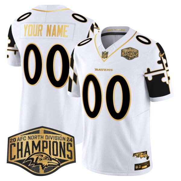 Ravens Maryland Flag Map 2024 AFC North Division Champions Patch Gold Vapor Limited Custom Jersey – All Stitched – White Gold Jersey