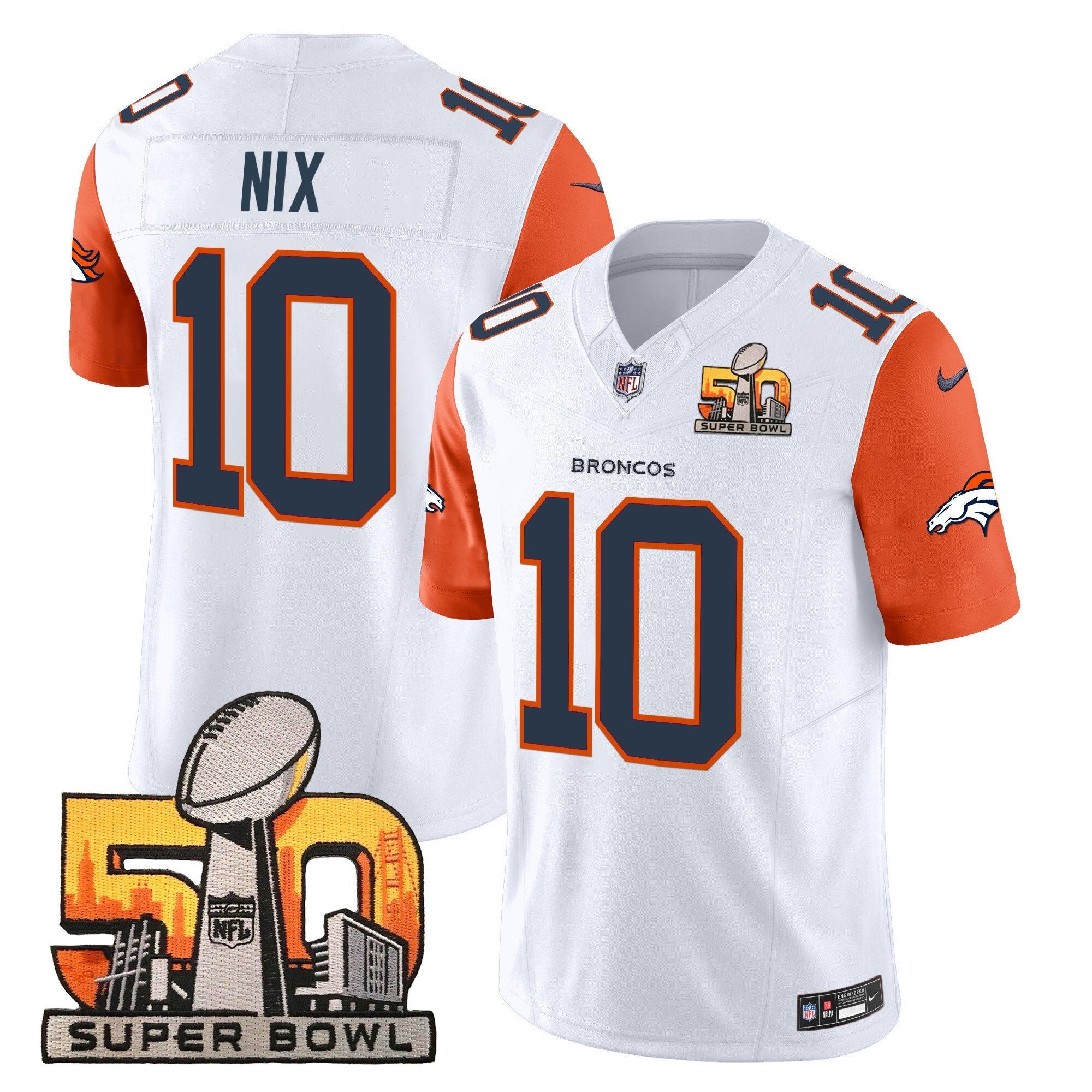Denver Broncos Super Bowl 50 Patch Vapor Limited Jersey – All Stitched – Orange Sleeves – Bo Nix Jersey
